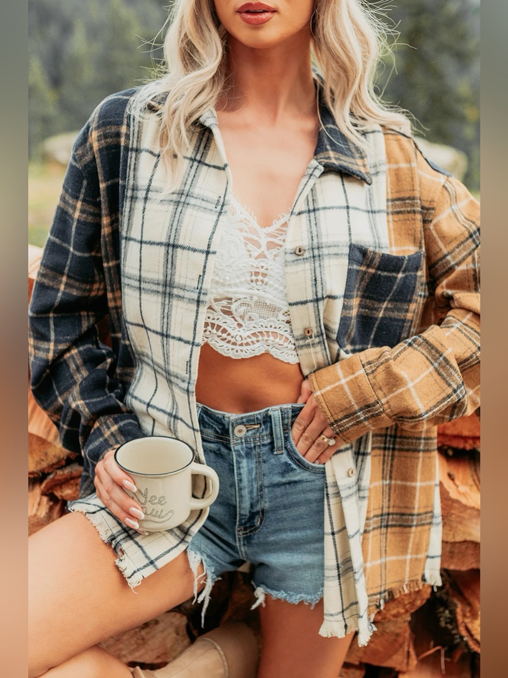 Multicolour Plaid Button-Up Long Sleeve Shift Silhouette Shacket